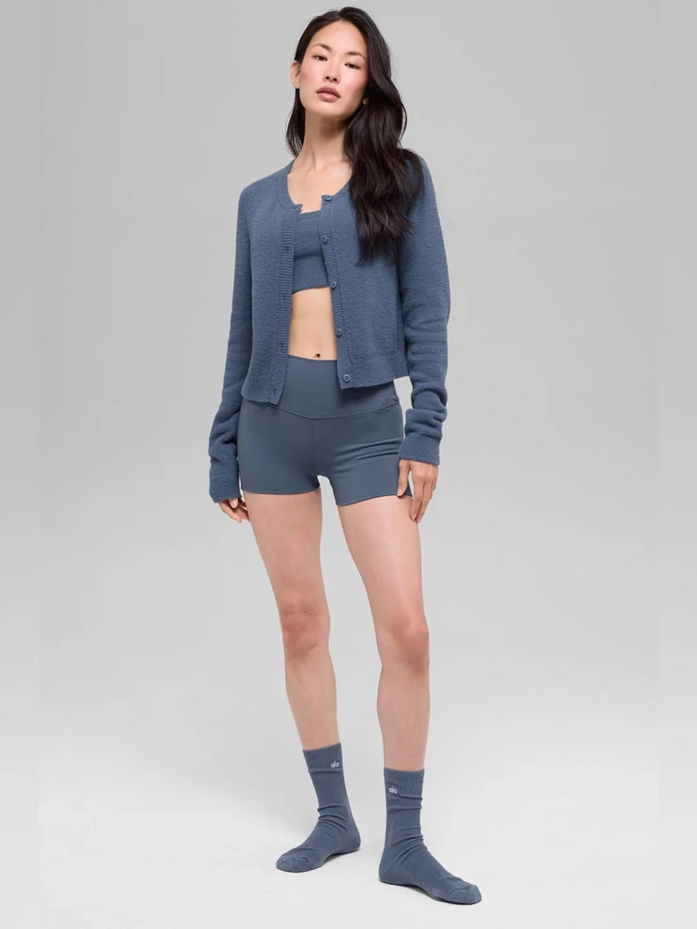 ALO Yoga Dusty Blue Button-Front Crewneck Cardigan